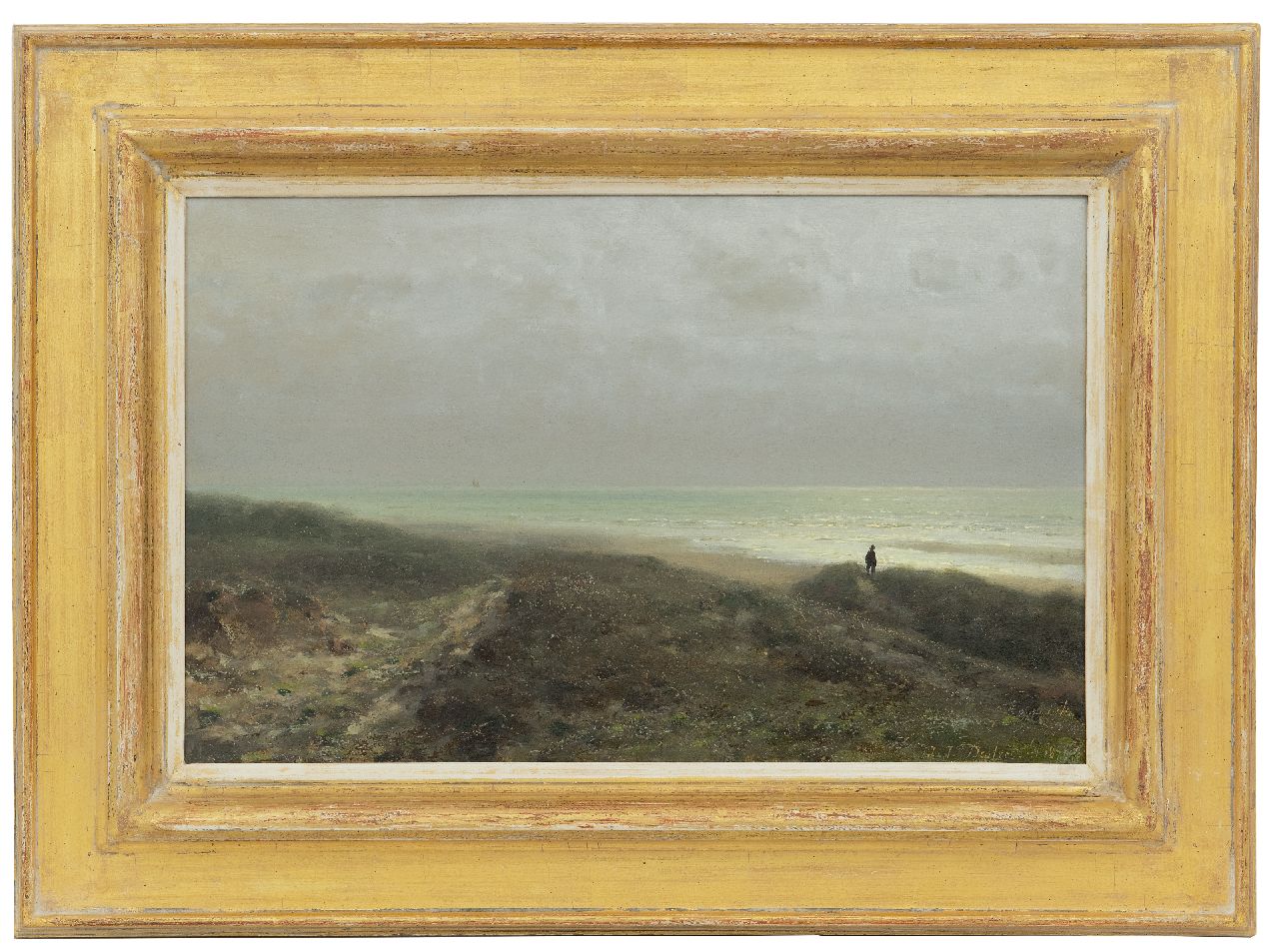 Destrée J.J.  | Johannes Josephus Destrée, Dünenlandschaft mit Spaziergänger der aussieht über das Meer, Öl auf Holz 27,6 x 43,8 cm, Unterzeichnet u.r. und datiert 1879