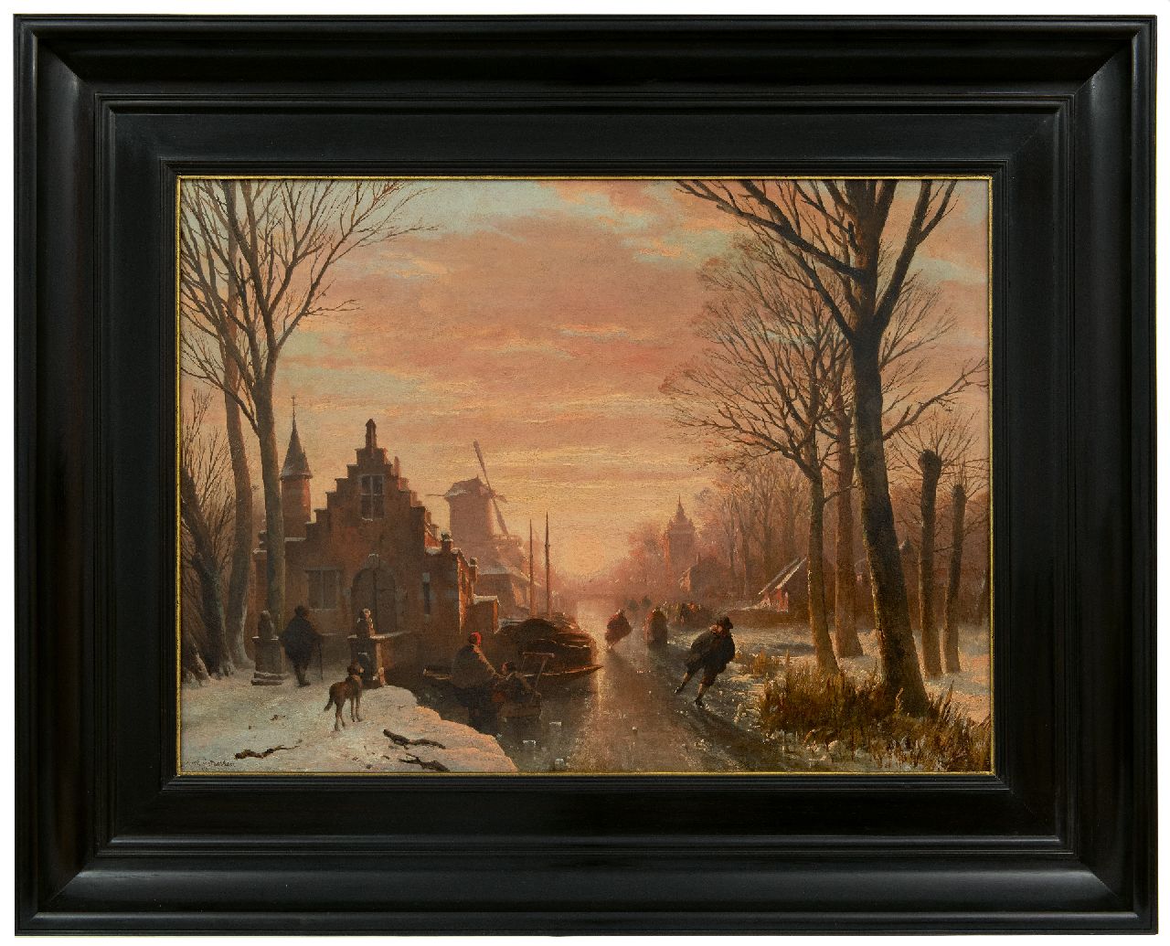 Wayen Pieterszen A. van der | Abraham van der Wayen Pieterszen, Schlittschuhläufer auf einer Gracht bei Sonnenuntergang, Öl auf Holz 43,3 x 59,3 cm, Unterzeichnet u.l.