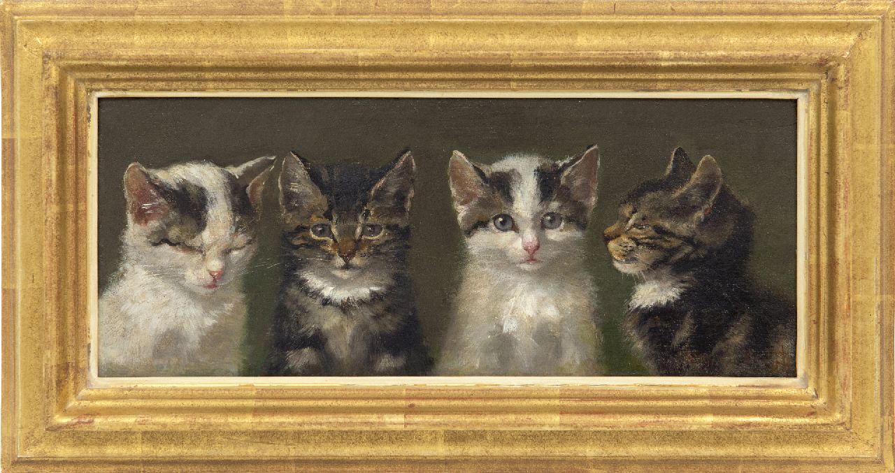 Kruijff A.M.  | Anna Maria Kruijff, Vier Katzen, Öl auf Holz 14,7 x 36,3 cm, Unterzeichnet u.r.