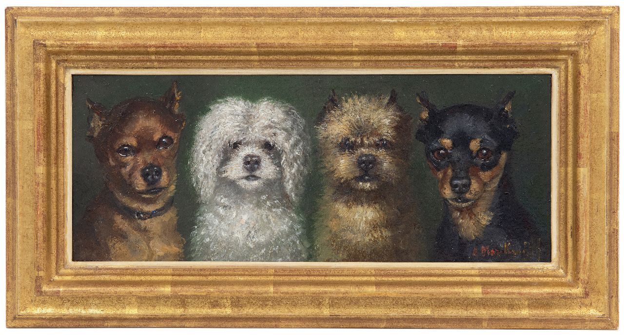 Kruijff A.M.  | Anna Maria Kruijff, Vier kleine Hunde, Öl auf Holz 14,6 x 36,0 cm, Unterzeichnet u.r.