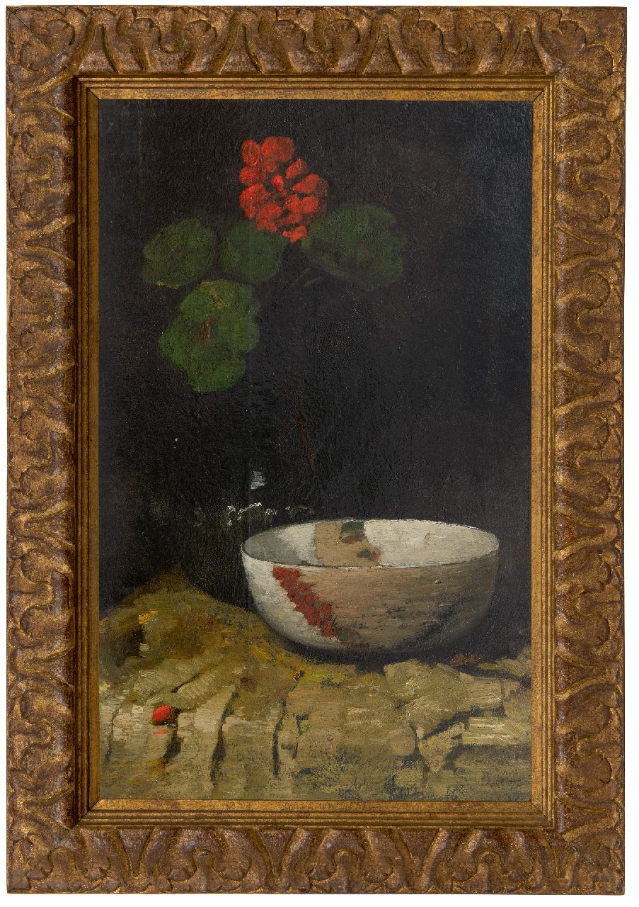 Berg W.H. van den | 'Willem' Hendrik van den Berg | Gemälde zum Verkauf angeboten | Stilleben mit Schüssel und Geranium, Öl auf Holz 63,7 x 40,3 cm, Unterzeichnet o.r.