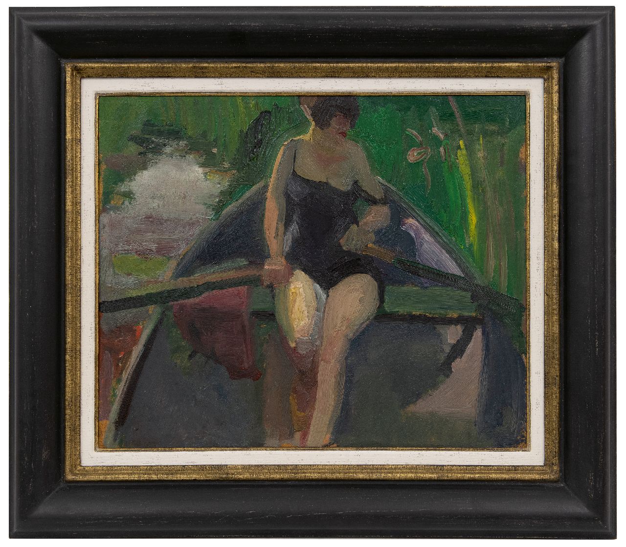 Kuijten H.J.  | Henricus Johannes 'Harrie' Kuijten, Die Frau des Künstlers (Leni) rudert am Sonntag, Öl auf Holzfaser auf Holz 37,9 x 45,8 cm, Unterzeichnet u.l. und zu datieren um 1928