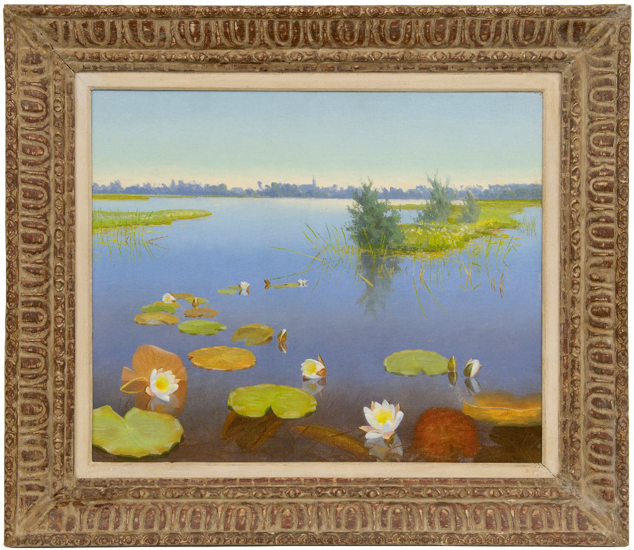 Smorenberg D.  | Dirk Smorenberg | Gemälde zum Verkauf angeboten | Blick auf die Loosdrechtse Plassen mit Wasserrosen und Äckern, Öl auf Leinwand 50,8 x 60,4 cm, Unterzeichnet u.r.