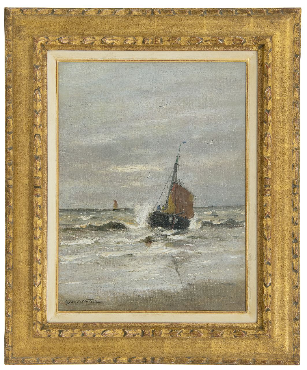 Munthe G.A.L.  | Gerhard Arij Ludwig 'Morgenstjerne' Munthe, Rückkehr vom 'KW9' am Strand von Katwijk, Öl auf Leinwand 40,4 x 30,8 cm, Unterzeichnet u.l.