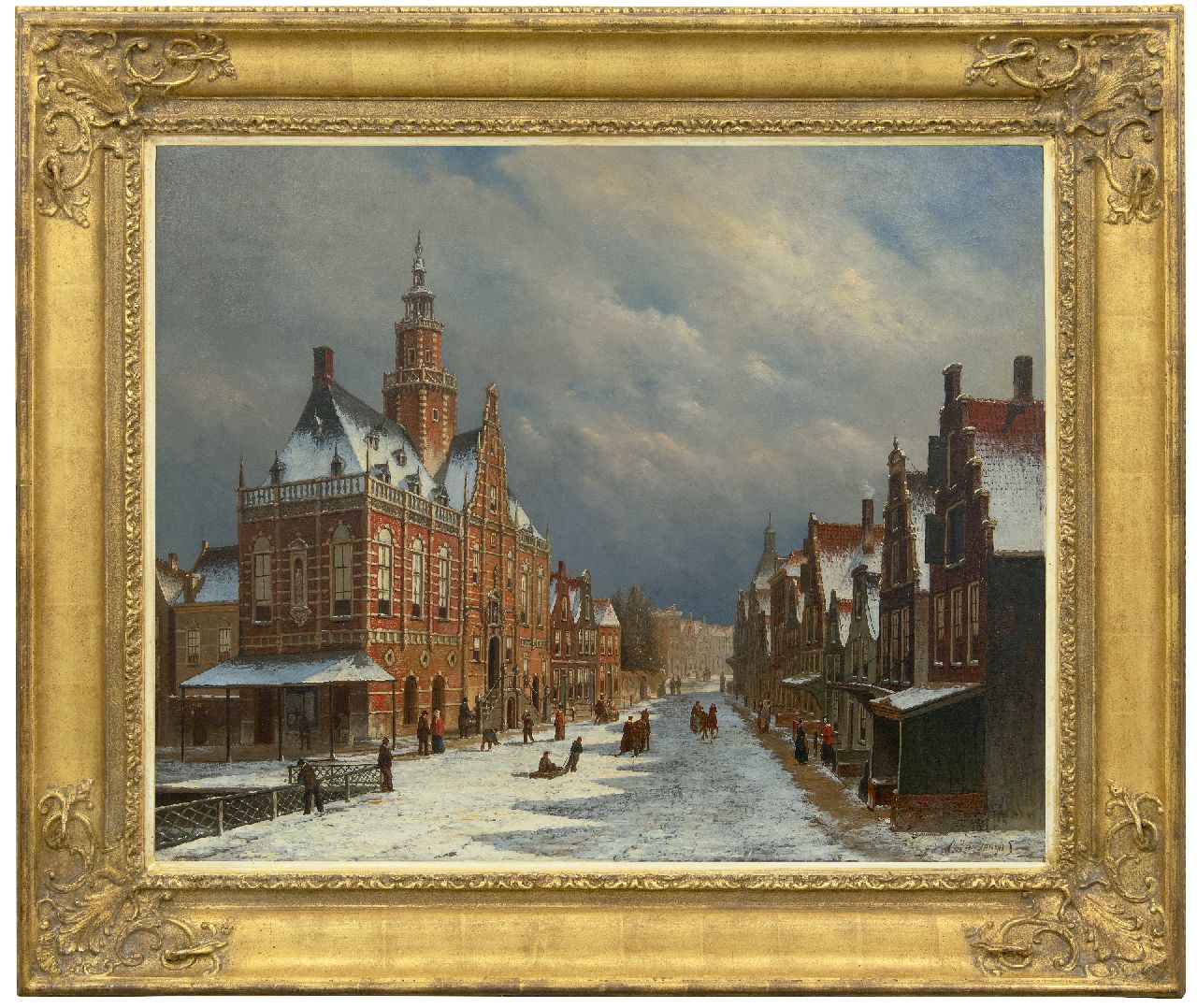 Jongh O.R. de | Oene Romkes de Jongh, Das Rathaus von Bolsward, Friesland, im Schnee, Öl auf Leinwand 69,9 x 86,0 cm, Unterzeichnet u.r.