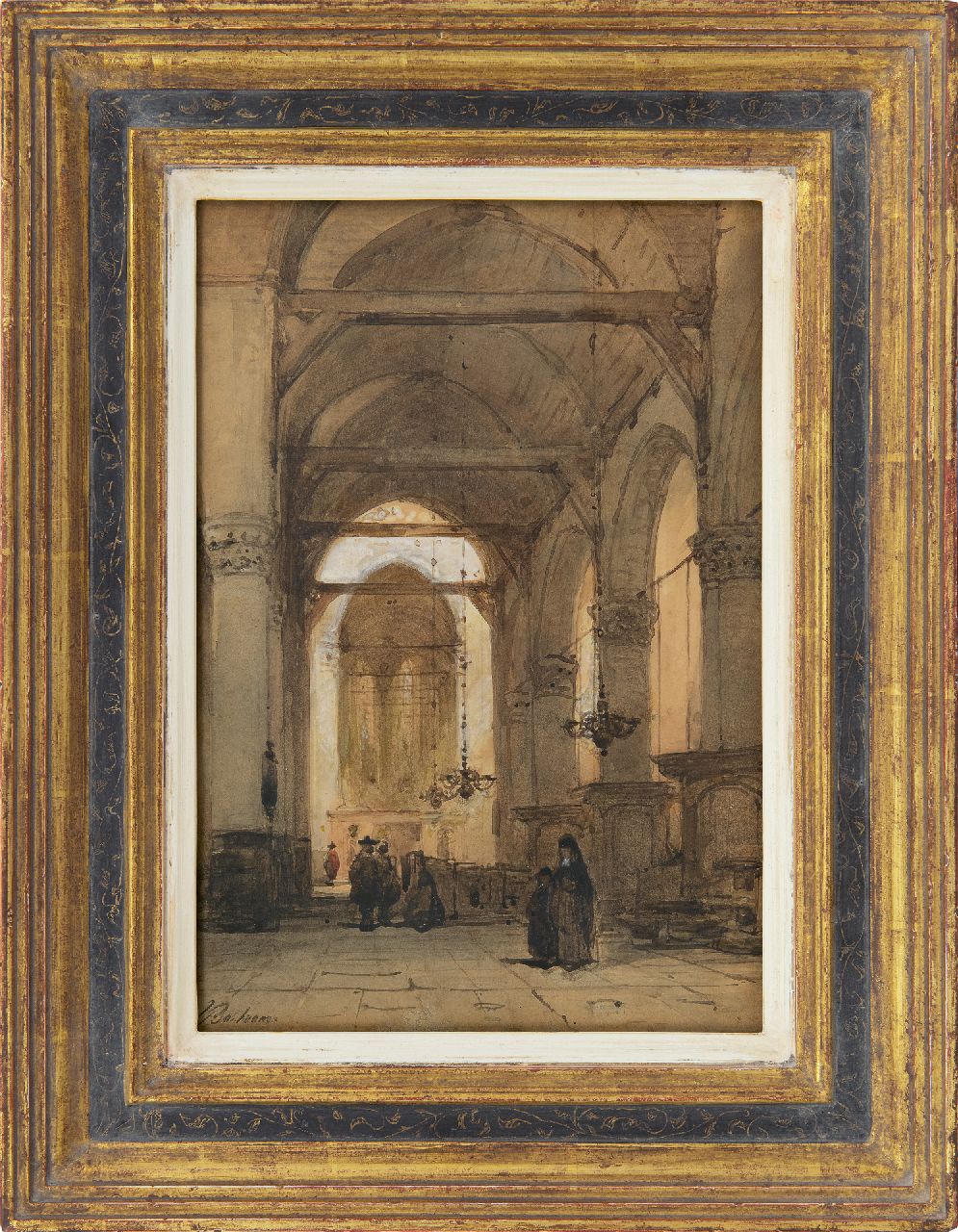Bosboom J.  | Johannes Bosboom, Innenraum einer Kirche, Aquarell auf Papier 26,5 x 18,3 cm, Unterzeichnet u.l.