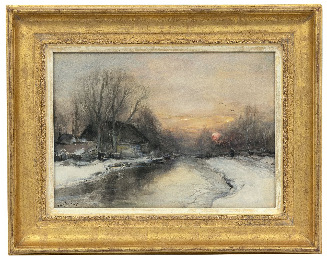 Apol L.F.H.  | Lodewijk Franciscus Hendrik 'Louis' Apol, Beschneiter Flussufer bei Sonnenuntergang, Aquarell auf Papier 25,3 x 35,4 cm, Unterzeichnet u.l.