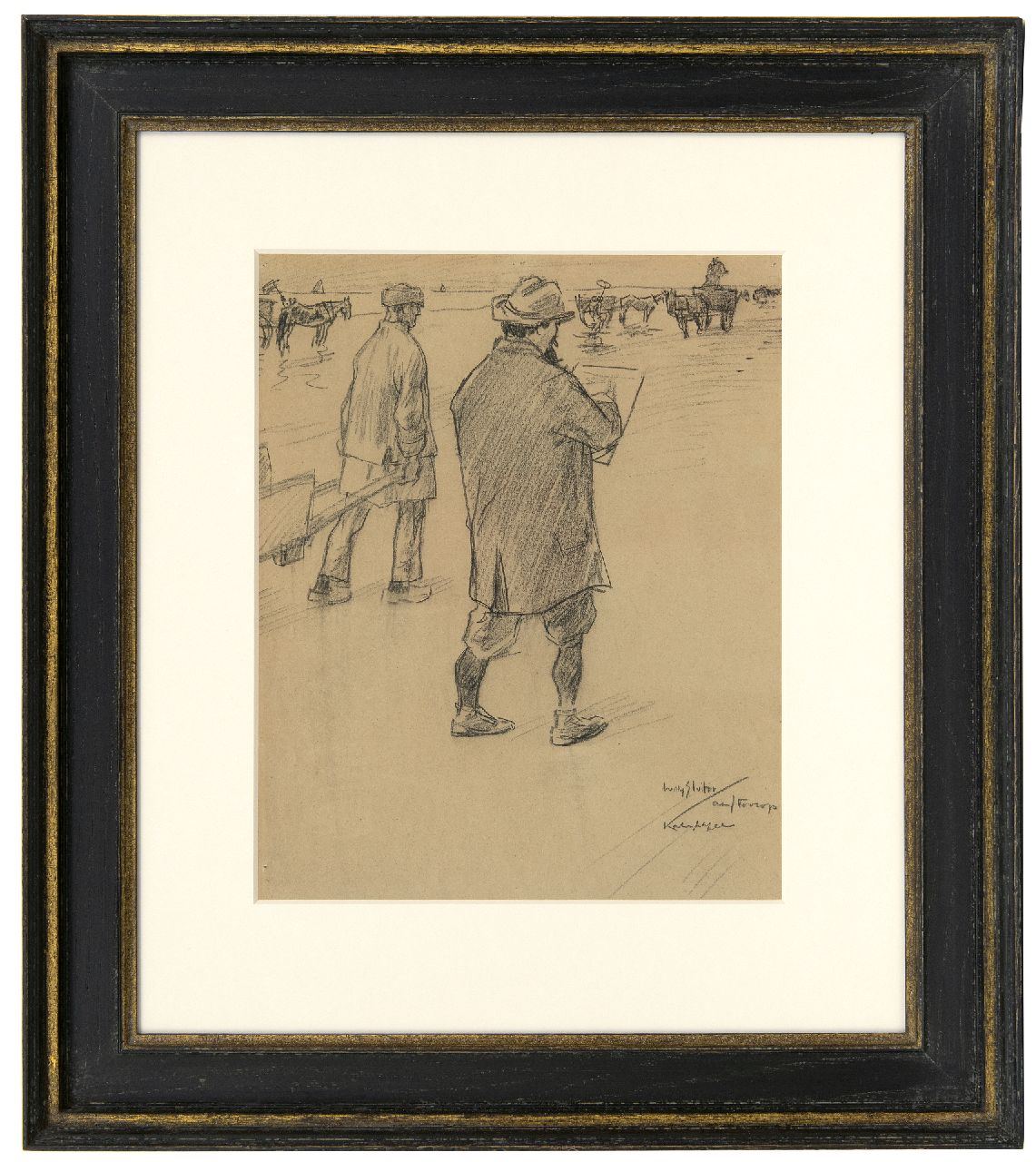 Sluiter J.W.  | Jan Willem 'Willy' Sluiter | Aquarelle und Zeichnungen zum Verkauf angeboten | Jan Toorop macht Skizzen auf dem Strand von Katwijk, Schwarze Kreide auf Papier 32,6 x 27,0 cm, Unterzeichnet u.r. und zu datieren um 1898