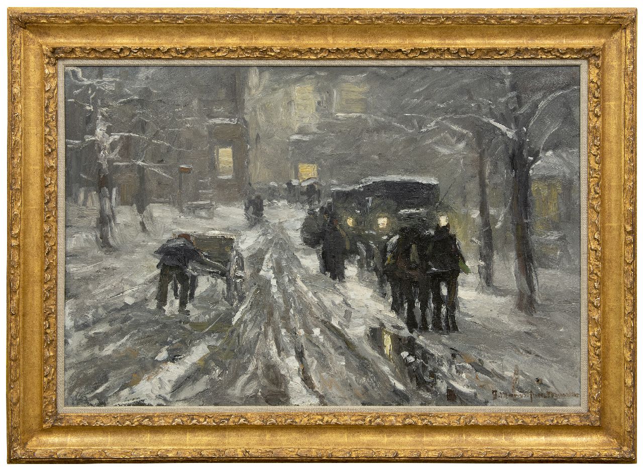 Munthe G.A.L.  | Gerhard Arij Ludwig 'Morgenstjerne' Munthe, Pferde mit Kutschen im Schnee am Abend, Öl auf Leinwand 66,3 x 100,7 cm, Unterzeichnet u.r.