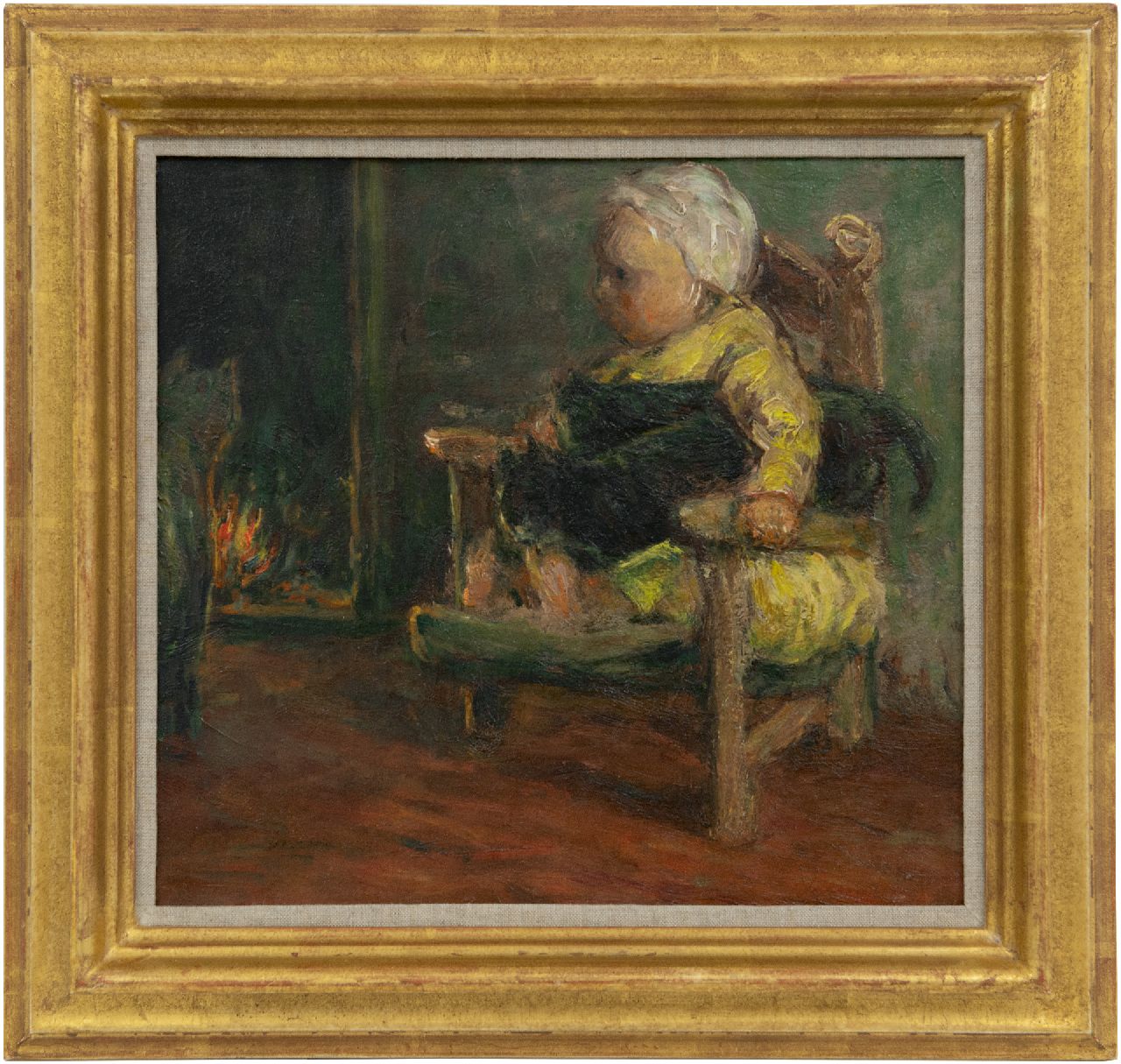 Blommers B.J.  | Bernardus Johannes 'Bernard' Blommers, Kind in einem Stuhl bei Katze, Öl auf Leinwand 26,2 x 28,1 cm
