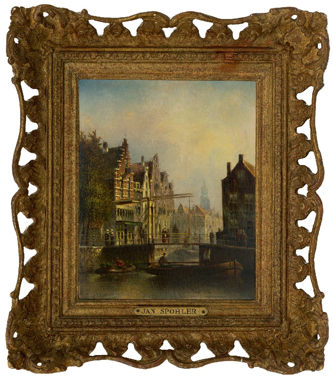 Spohler J.F.  | Johannes Franciscus Spohler | Gemälde zum Verkauf angeboten | Holländische Stadtansicht mit Zugbrücke, Öl auf Holz 20,4 x 16,0 cm, Unterzeichnet u.l.