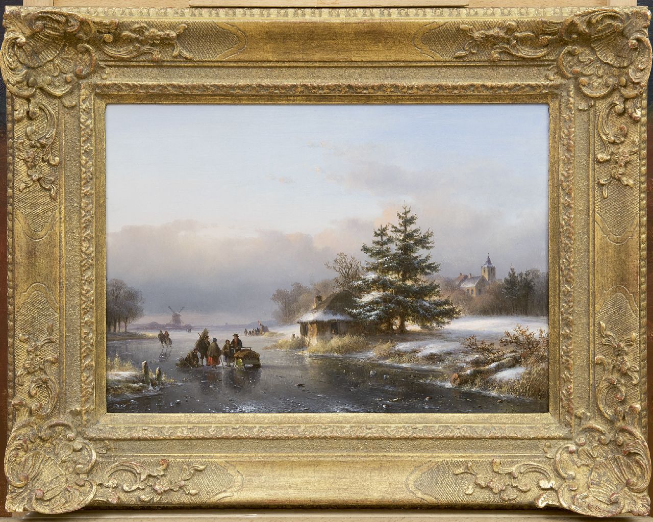 Kleijn L.J.  | Lodewijk Johannes Kleijn, Winterlandschaft mit Figuren und Schlittschuhläufern auf dem Eis, Öl auf Holz 29,6 x 40,5 cm, Unterzeichnet r.u.