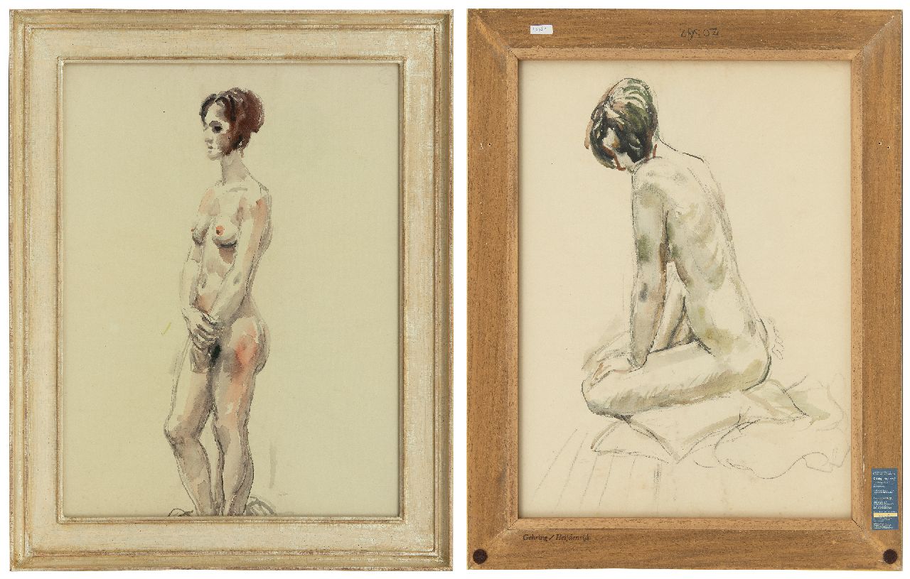 Dijkstra J.  | Johannes 'Johan' Dijkstra | Aquarelle und Zeichnungen zum Verkauf angeboten | Nacktstudie, Schwarze Kreide und Aquarell auf Papier 62,7 x 46,6 cm