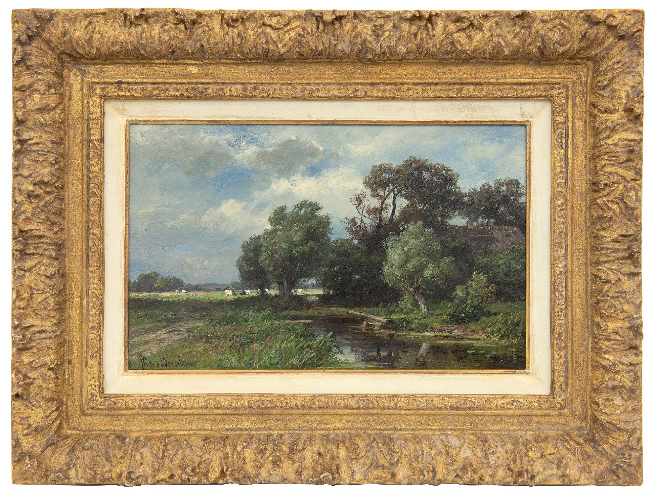 Borselen J.W. van | Jan Willem van Borselen, Polderlandschaft mit grasendem Vieh, Öl auf Holz 18,0 x 29,0 cm, Unterzeichnet u.l.