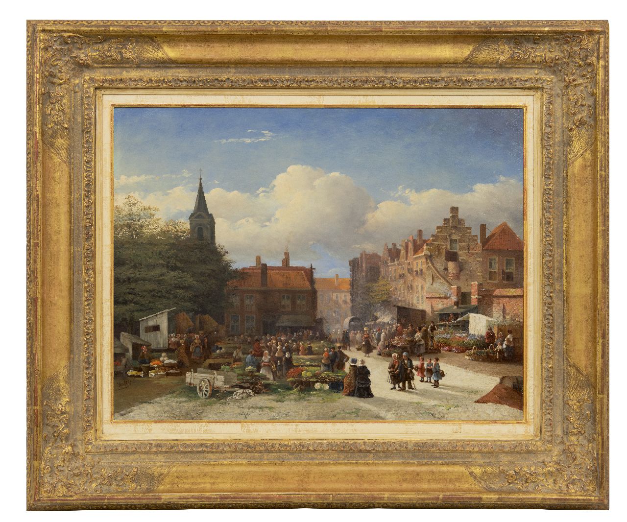 Bles J.  | Joseph Bles, Aussicht auf den Gemüse- und Blumenmarkt in eine alte holländische Stadt, Öl auf Holz 45,3 x 58,8 cm, Unterzeichnet u.l. und datiert '51