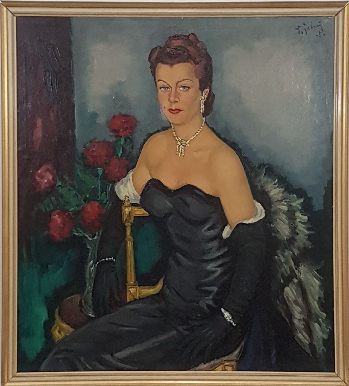 Jabaaij P.  | Piet 'Pleun' Jabaaij | Gemälde zum Verkauf angeboten | Porträt einer jungen eleganten Dame in Abendkleid, Öl auf Leinwand 100,0 x 99,8 cm, Unterzeichnet o.r. und datiert '52