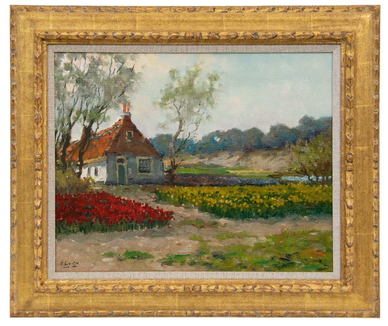 Winter L. de | Leonardus 'Leo' de Winter, Bauernhof  mit Blumenzwiebelnfelder hinter den Dünen, Öl auf Leinwand 39,8 x 50,1 cm, Unterzeichnet u.l.