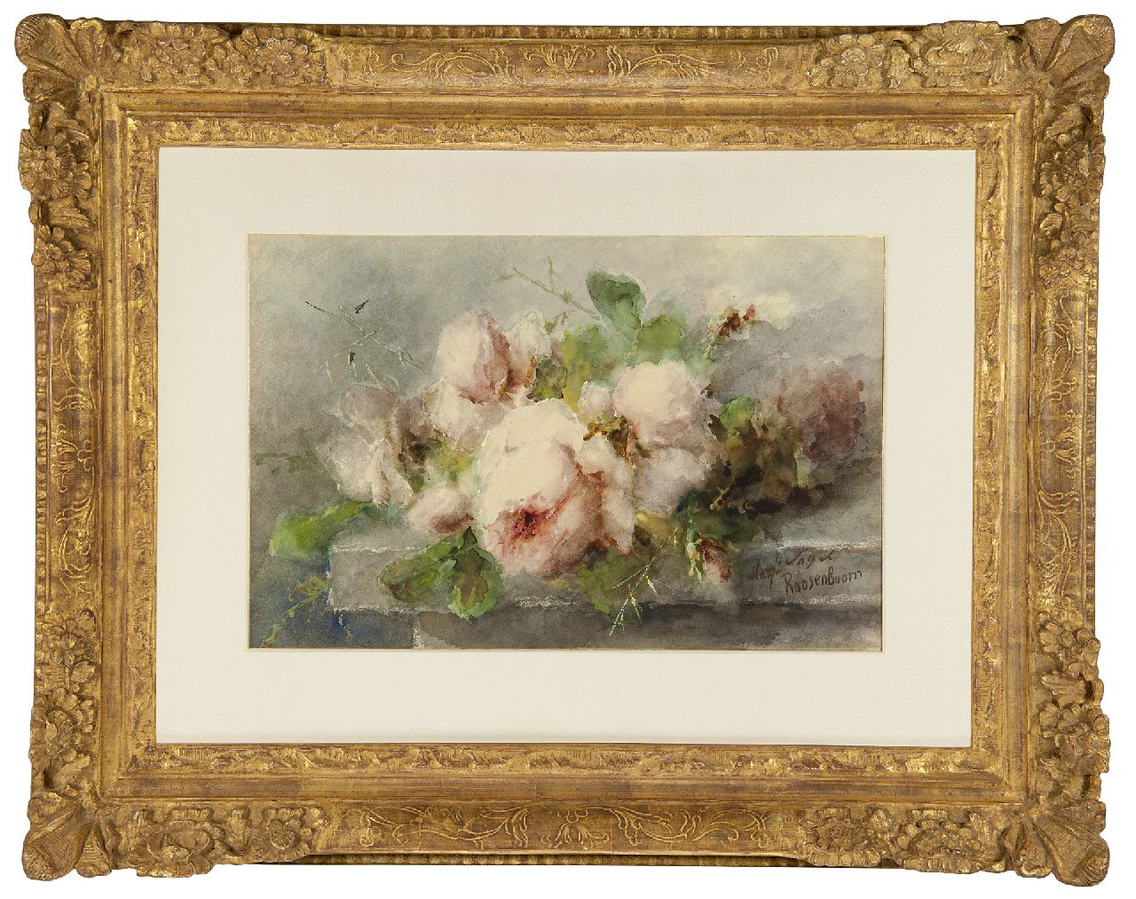 Roosenboom M.C.J.W.H.  | 'Margaretha' Cornelia Johanna Wilhelmina Henriëtta Roosenboom | Aquarelle und Zeichnungen zum Verkauf angeboten | Rosa Rosen auf einer Steinleiste, Aquarell und Gouache auf Papier 35,1 x 53,3 cm, Unterzeichnet u.r. und zu datieren um 1892-1896