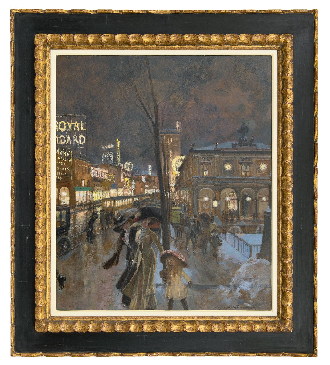 Flameng F.  | François Flameng, Abendliche Stadtansicht im Schnee (Herald Square und New York Herald Building), Öl auf Holzfaser 62,4 x 52,4 cm, Unterzeichnet u.r. und datiert 1909