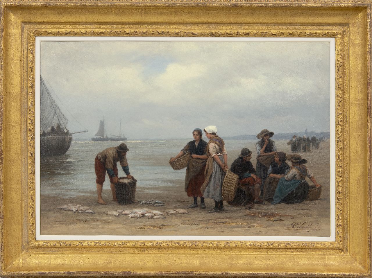 Sadée P.L.J.F.  | Philip Lodewijk Jacob Frederik Sadée, Fisch Verkauf am Strand von Scheveningen, Öl auf Leinwand 49,9 x 75,0 cm, Unterzeichnet u.r.