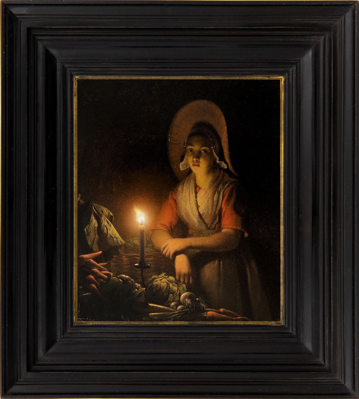 Schendel P. van | Petrus van Schendel, Scheveninger Gemüseverkäuferin im Kerzenlicht, Öl auf Holz 19,4 x 16,5 cm, Unterzeichnet o.r. und im Verso und datiert o.r. und im Verso 1842