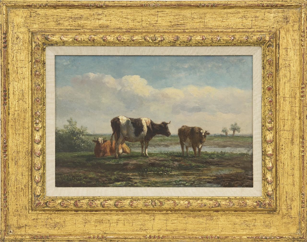 Berg S. van den | Simon van den Berg | Gemälde zum Verkauf angeboten | Polderlandschaft mit ruhendem Vieh, Öl auf Holz 17,6 x 26,0 cm, Unterzeichnet u.l.