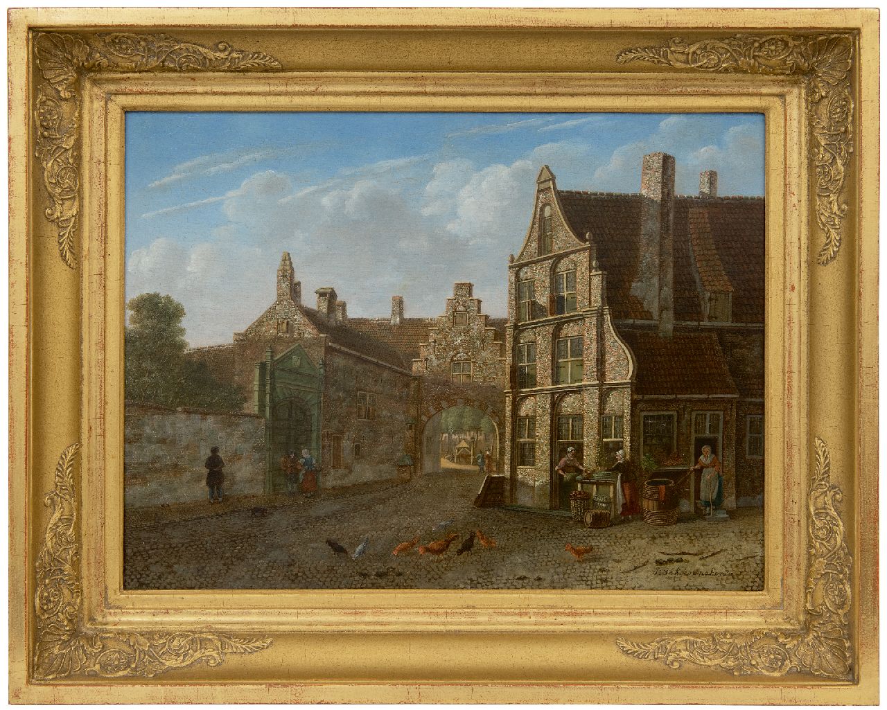 Schoenmaker Pzn J.  | Johannes Schoenmaker Pzn | Gemälde zum Verkauf angeboten | Stadtansicht mit Tor und Gemüseverkäufern, Öl auf Holz 31,9 x 42,8 cm, Unterzeichnet u.r.