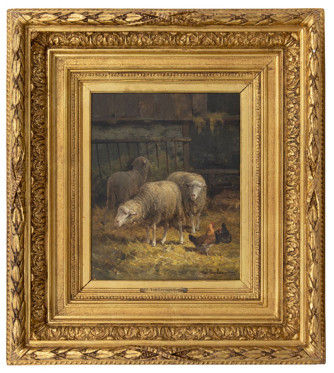 Leemputten C. van | Cornelis van Leemputten | Gemälde zum Verkauf angeboten | Schafe in der Scheune, Öl auf Holz 40,0 x 31,7 cm, Unterzeichnet u.r.