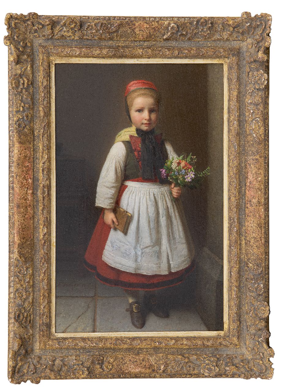 Boser K.F.A.  | Karl 'Friedrich' Adolf Boser, Mädchen mit Blumensträusslein, Öl auf Holz 41,8 x 27,1 cm, Unterzeichnet u.l. und datiert 1862