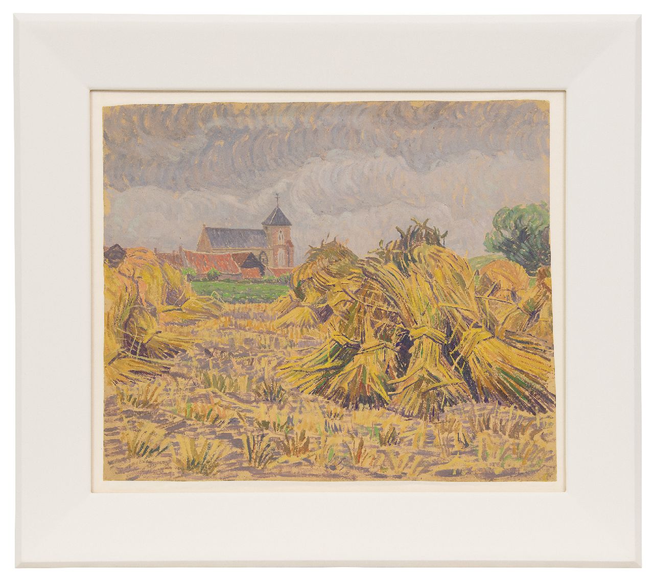 Pijpers E.E.  | 'Edith' Elizabeth Pijpers | Gemälde zum Verkauf angeboten | Dorfkirche zwischen Feld mit Garben Mais, Öl auf Papier 38,1 x 48,5 cm