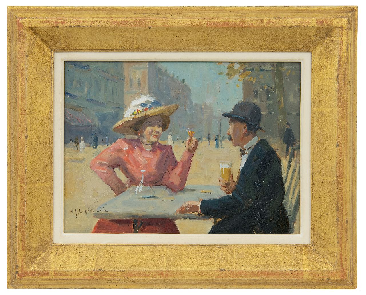 Ligtelijn E.J.  | Evert Jan Ligtelijn, Auf der Terrasse, Öl auf Holz 20,0 x 26,9 cm, Unterzeichnet u.l.