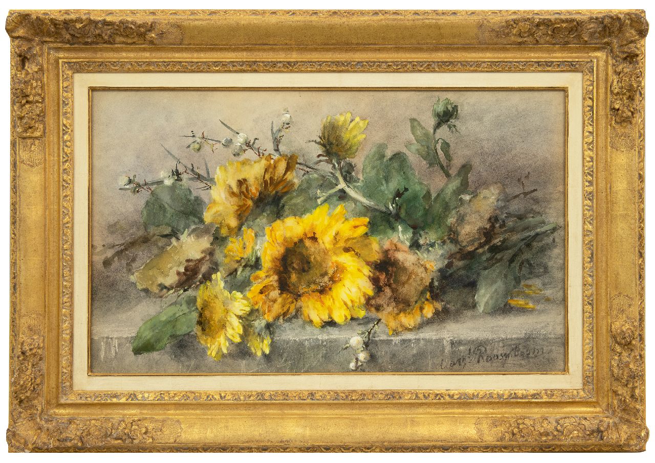 Roosenboom M.C.J.W.H.  | 'Margaretha' Cornelia Johanna Wilhelmina Henriëtta Roosenboom, Sonnenblume auf einer Steinleiste  Sonnenblumen auf einer Steinleiste, Aquarell auf Papier 44,3 x 74,8 cm, Unterzeichnet u.r.