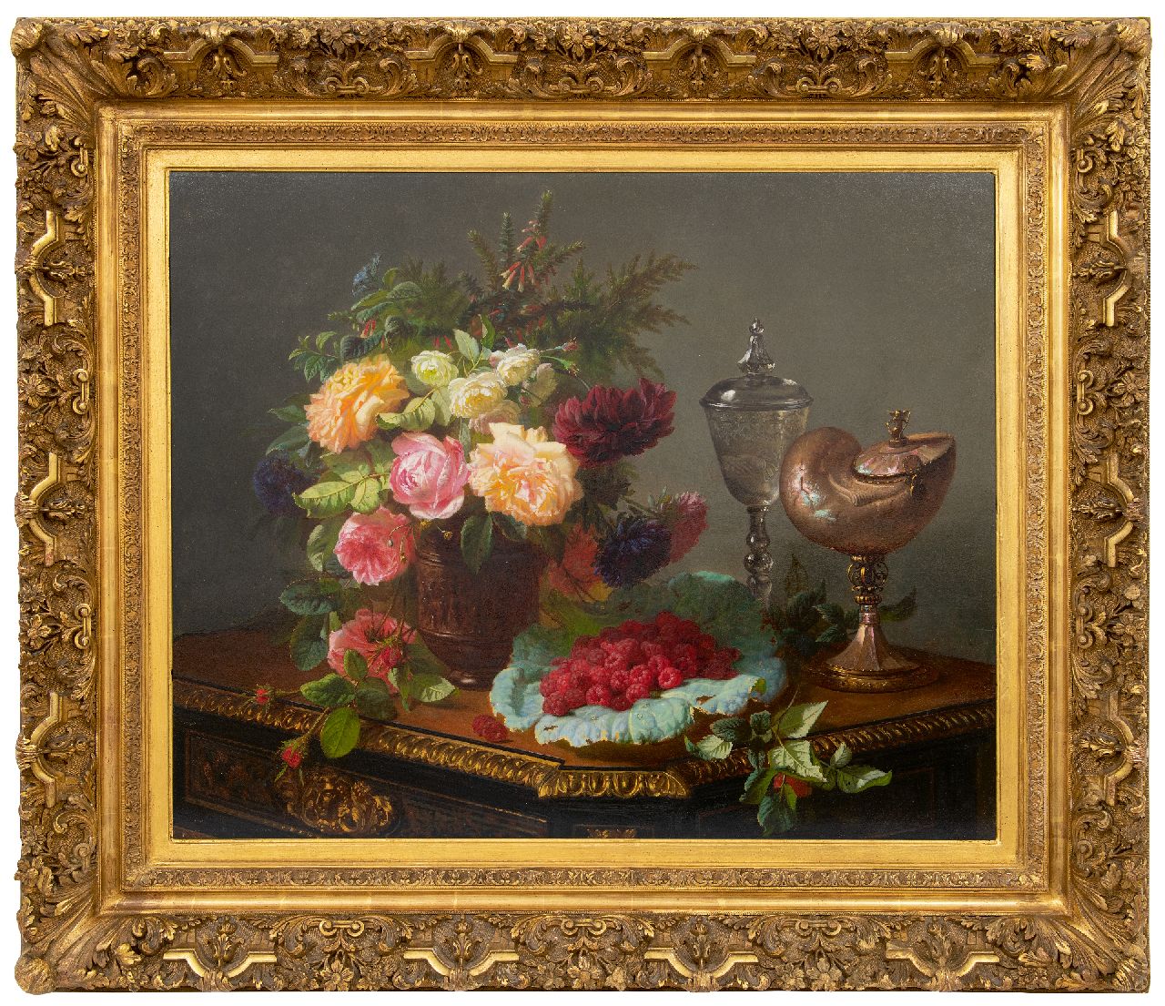 Robie J.B.  | Jean-Baptiste Robie, Stilleben mit Rose und Früchte und Nautilus Becher, Öl auf Holz 63,0 x 77,8 cm, Unterzeichnet u.r.