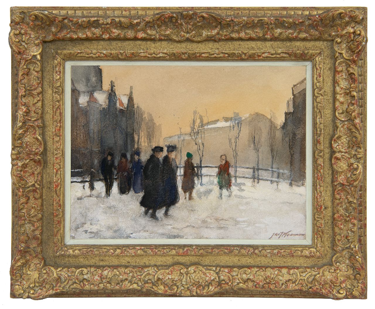 Koeman J.J.  | Jacobus Jan 'Jac. J.' Koeman, Figuren im Schnee, Amsterdam, Aquarell auf Papier 19,2 x 25,4 cm, Unterzeichnet u.r.