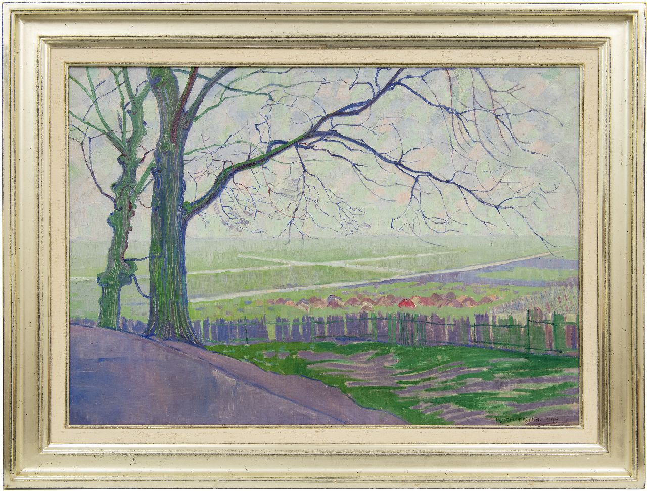 Schuhmacher W.G.C.  | Wijtze Gerrit Carel 'Wim' Schuhmacher | Gemälde zum Verkauf angeboten | Landschaft bei Hillegersberg mit Bäume im Vordergrund, Öl auf Leinwand 56,5 x 80,7 cm, Unterzeichnet u.r. und datiert 1915