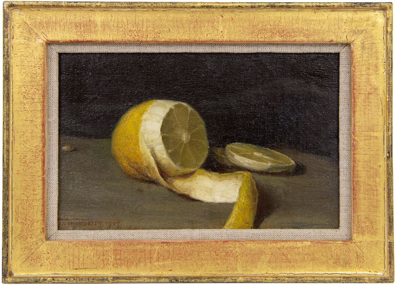 Wittenberg J.H.W.  | 'Jan' Hendrik Willem Wittenberg, Stilleben mit einer Zitrone, Öl auf Leinwand  auf Holzfaser 11,5 x 18,0 cm, Unterzeichnet u.l. und datiert 1909