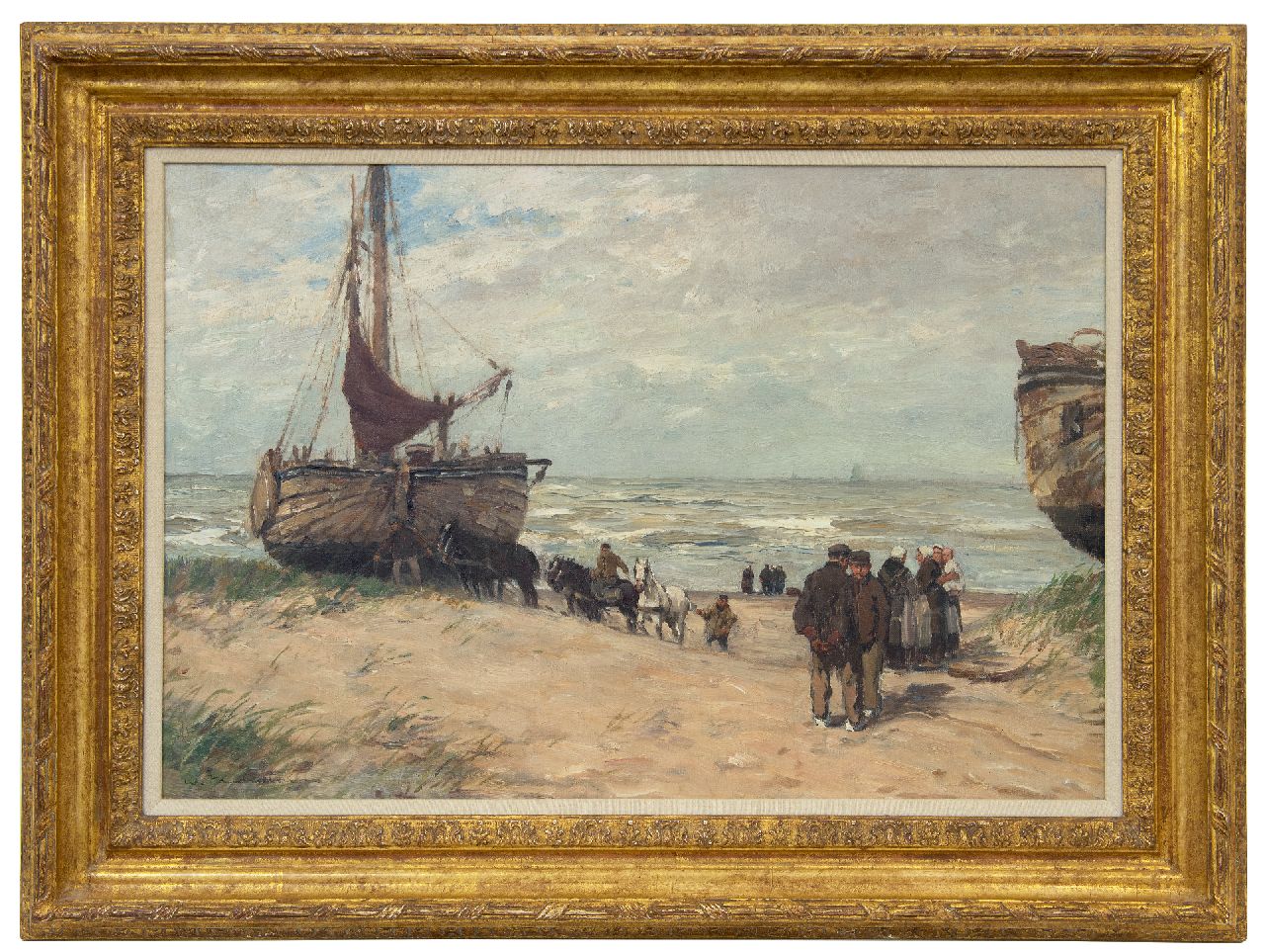 Hambüchen W.  | Wilhelm Hambüchen, 'Bomschiffe' und Fischer am Katwijker Strand, Öl auf Leinwand 50,0 x 75,0 cm, Unterzeichnet u.l.