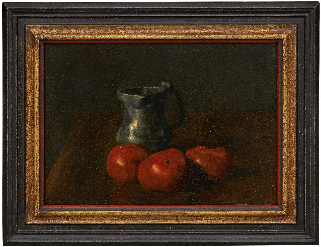 Jungmann M.J.B.  | 'Maarten' Johannes Balthasar Jungmann | Gemälde zum Verkauf angeboten | Stilleben mit Zinnkan und Tomaten, Öl auf Holz 23,7 x 32,9 cm, Unterzeichnet u.l.