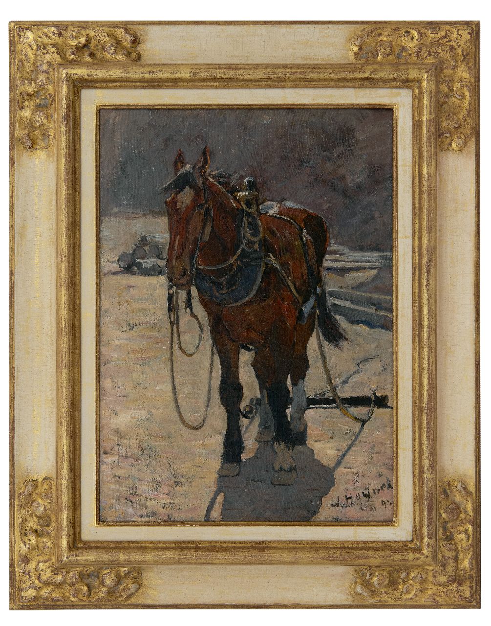 Hoynck van Papendrecht J.  | Jan Hoynck van Papendrecht | Gemälde zum Verkauf angeboten | Zugpferd, Öl auf Leinwand 45,1 x 34,0 cm, Unterzeichnet u.r. und datiert '93