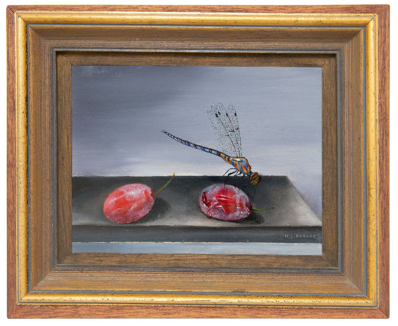 Verhoef H.  | Hans Verhoef | Gemälde zum Verkauf angeboten | Wasserjungfer und rote Pflaumen, oil on zinc 16,0 x 21,0 cm, Unterzeichnet u.r.