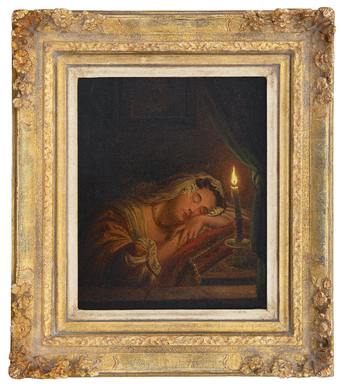 Thans W.  | Willem Thans | Gemälde zum Verkauf angeboten | Schlafende Frau bei Kerzenlicht, Öl auf Holz 25,6 x 20,2 cm, Unterzeichnet u.r. und datiert 1845