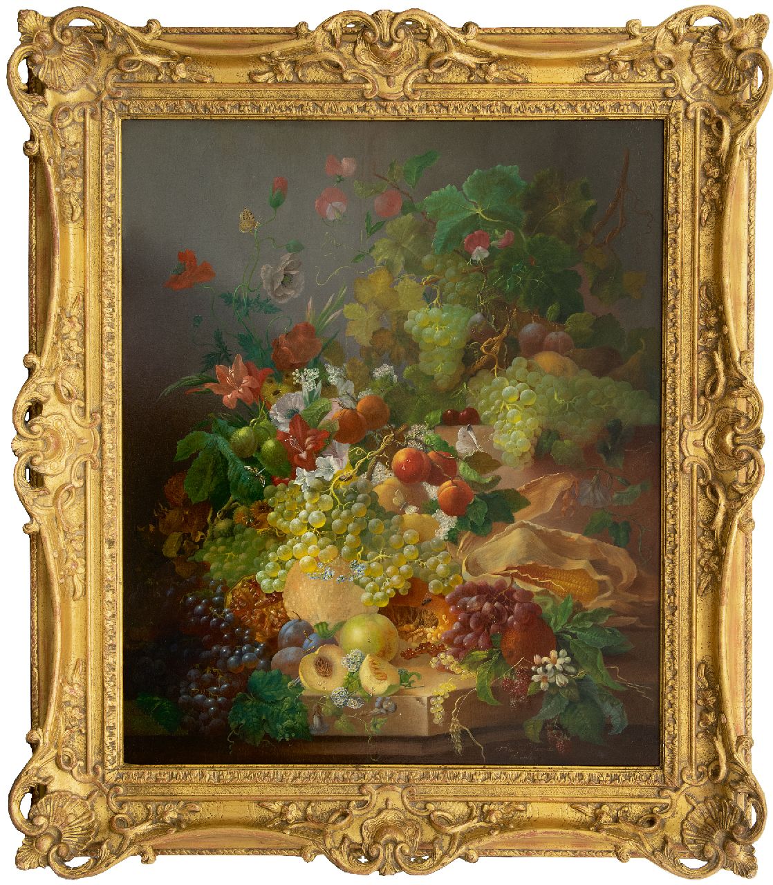 Waarden J. van der | Jan van der Waarden | Gemälde zum Verkauf angeboten | Stilleben mit Früchten und Blumen, Öl auf Holz 91,8 x 76,7 cm, Unterzeichnet u.r. und zu datieren nach 1850