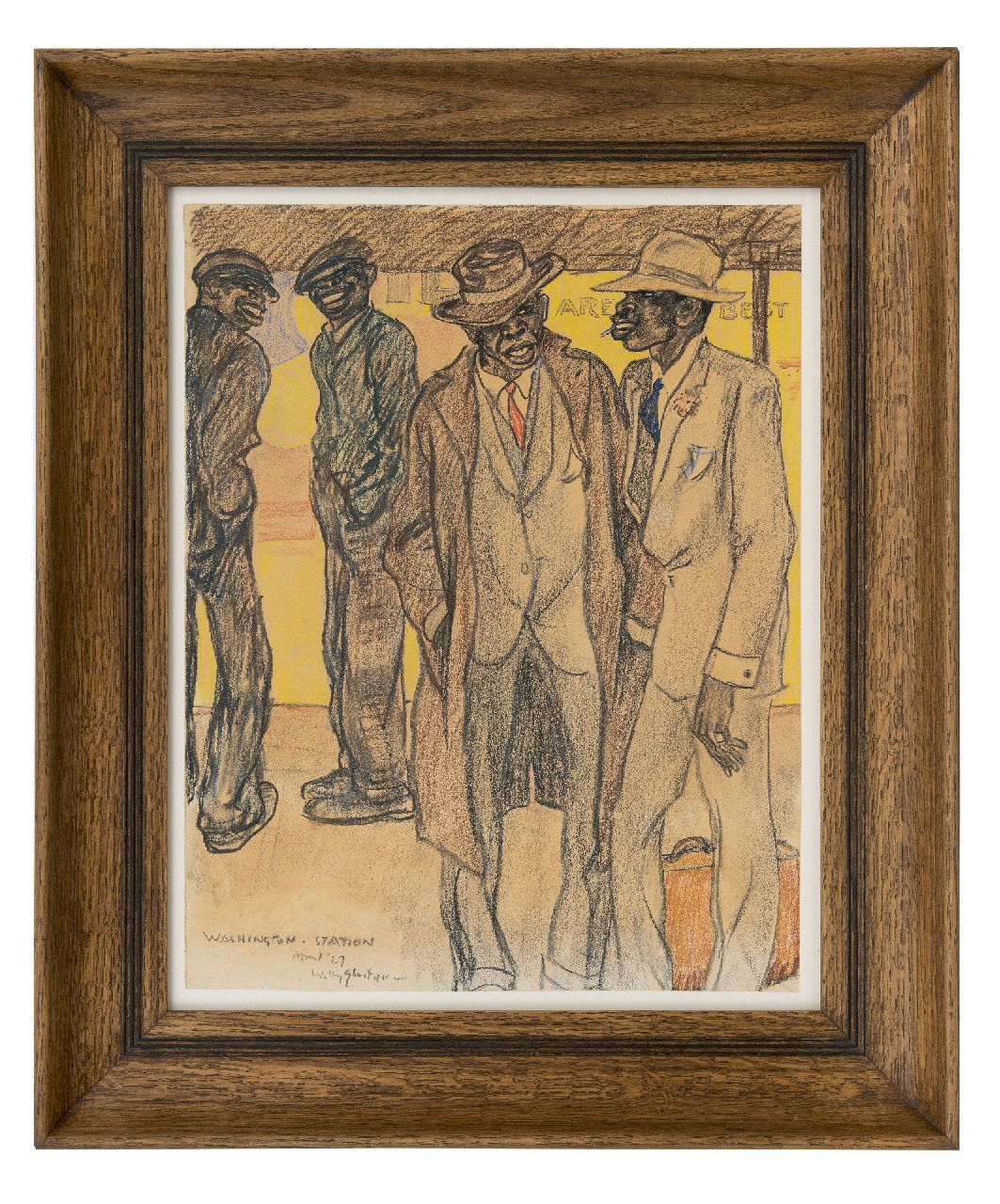 Sluiter J.W.  | Jan Willem 'Willy' Sluiter | Aquarelle und Zeichnungen zum Verkauf angeboten | Auf dem Bahnsteig, Washington Station, Schwarze und Farbkreide auf Papier 46,5 x 36,6 cm, Unterzeichnet u.l. und datiert April '27