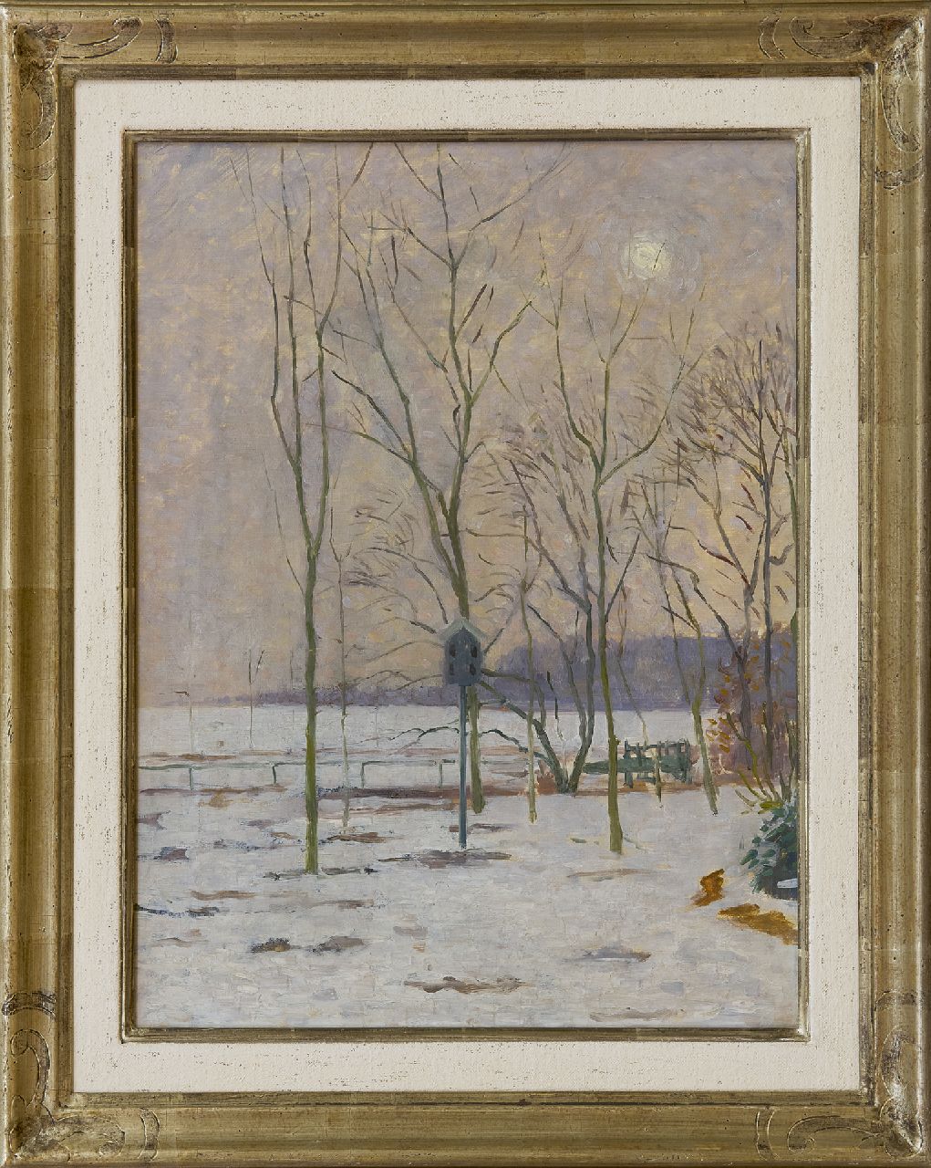Hart Nibbrig F.  | Ferdinand Hart Nibbrig, Winterlicher Garten mit Nistkasten, Öl auf Leinwand 40,2 x 30,2 cm