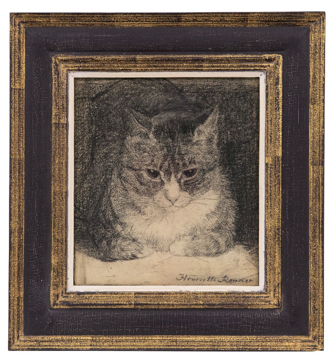 Ronner-Knip H.  | Henriette Ronner-Knip, Porträt einer Katze, Holzkohle  auf Papier 25,2 x 23,5 cm, Unterzeichnet u.r.