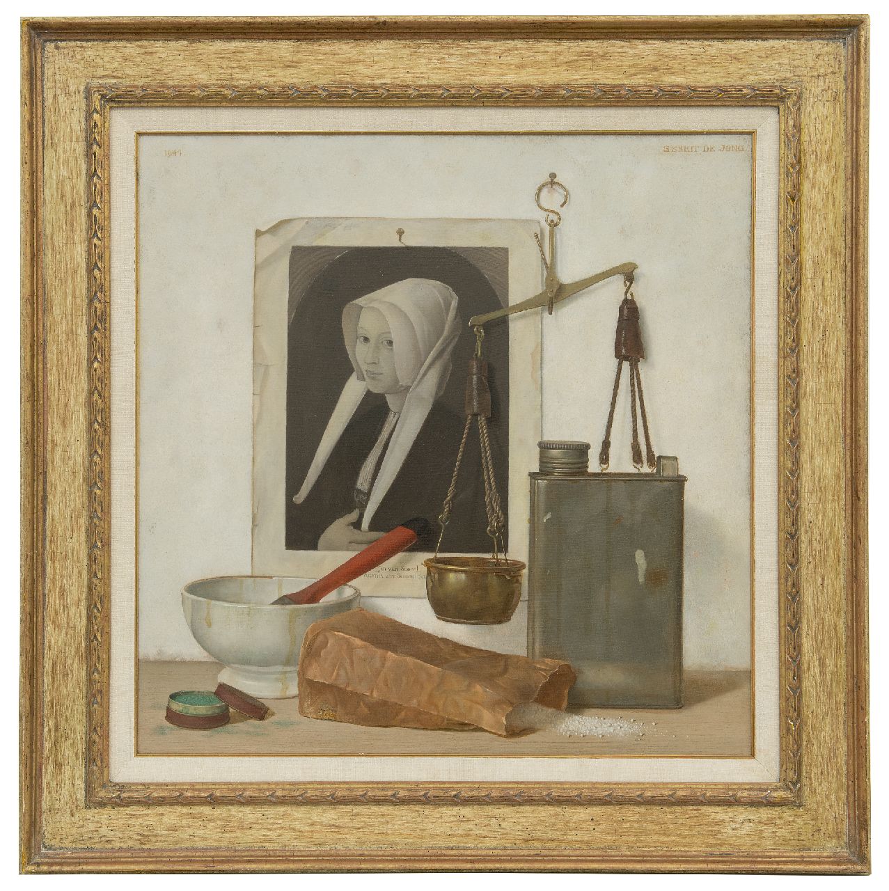 Jong G. de | Gerrit de Jong, Stilleben mit weisser Schale und Abbildung eines Gemäldes von Jan van Scorel, Öl auf Leinwand 50,3 x 50,3 cm, Unterzeichnet o.r. und datiert 1944