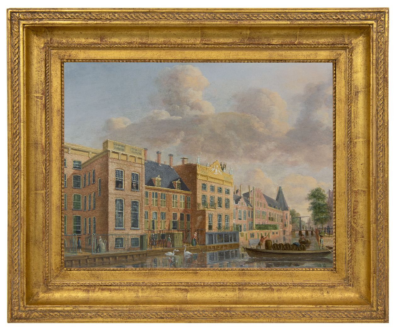 Compe J. ten | Jan ten Compe | Gemälde zum Verkauf angeboten | Sicht auf die Amstel mit den Häusern an der Doelenstrasse und Kloveniersdoelen, Amsterdam, Öl auf Holz 32,6 x 42,6 cm