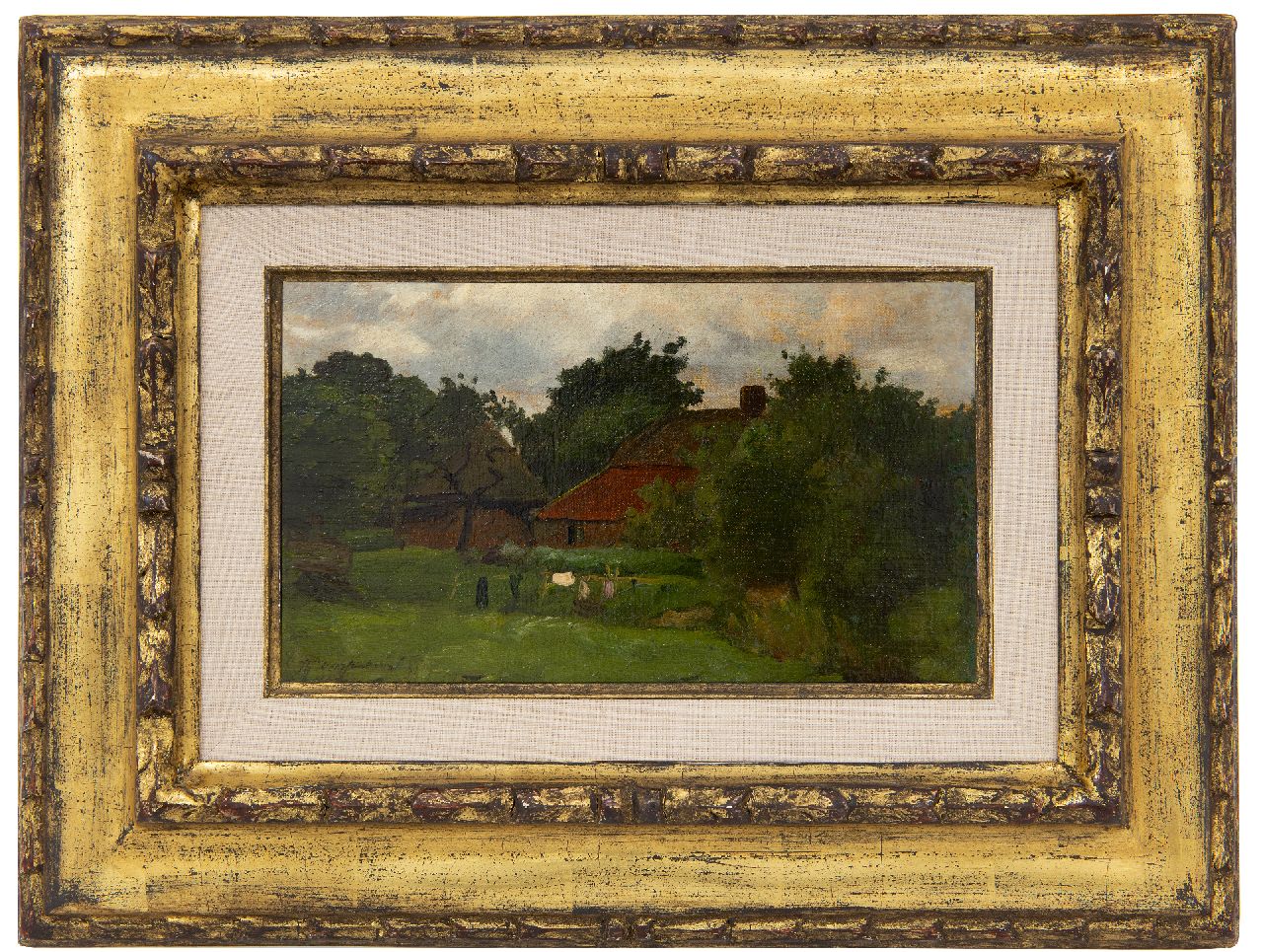 Weissenbruch H.J.  | Hendrik Johannes 'J.H.' Weissenbruch, Bauernhof mit trocknender Wäsche, Öl auf Leinwand auf Holz 15,4 x 26,1 cm, Unterzeichnet u.l.