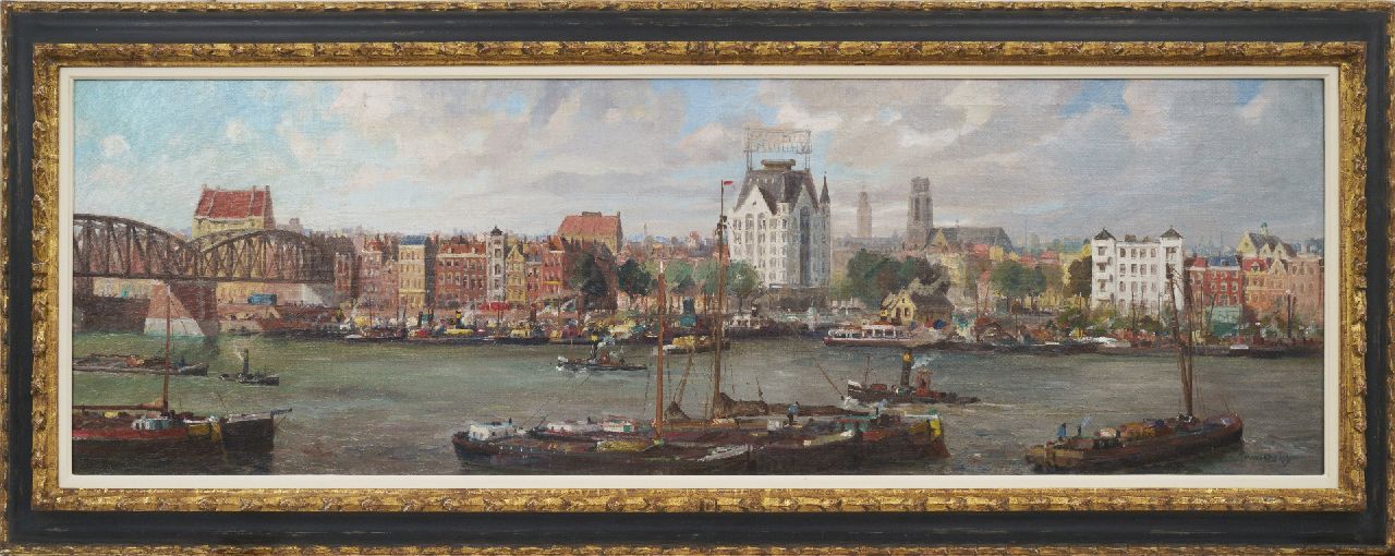 Welther H.  | Hendrik 'Henk' Welther, Panorama von Rotterdam mit dem 'Witte Huis' und links die alte Eisenbahnbrücke, Öl auf Leinwand 40,1 x 125,1 cm, Unterzeichnet u.r.