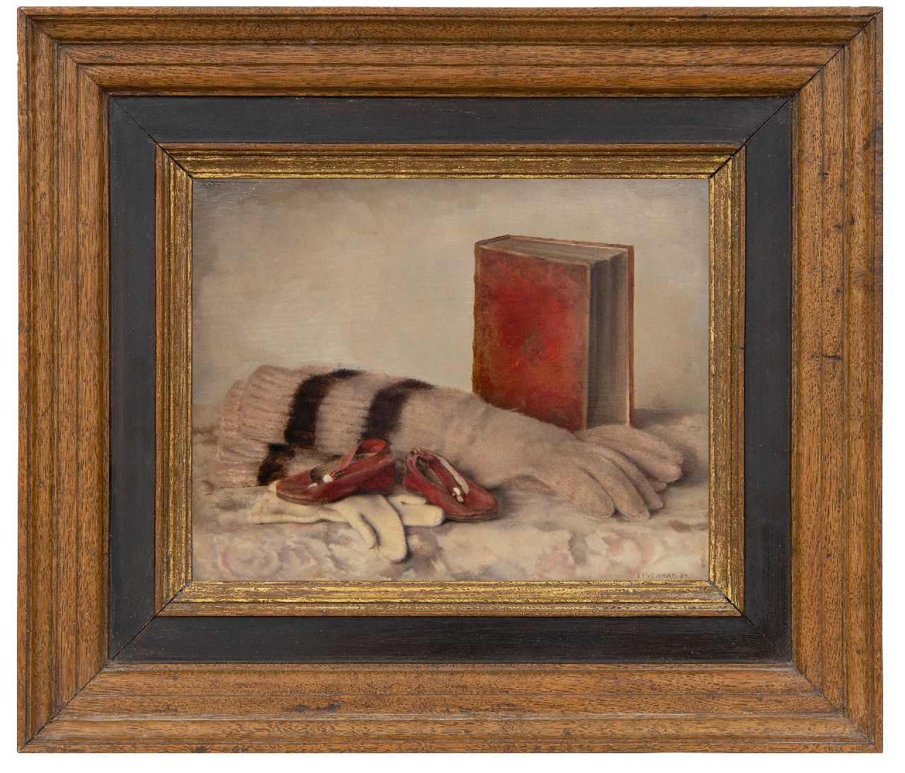 Everbag F.  | Franciscus 'Frans' Everbag | Gemälde zum Verkauf angeboten | Stilleben mit Handshuhe, ein Buch und Kinder Schuhe, Öl auf Holz 21,0 x 26,9 cm, Unterzeichnet u.r. und datiert '27